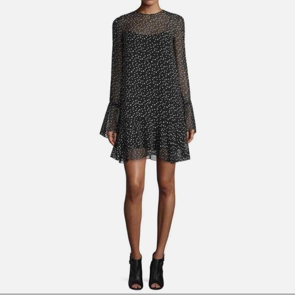 NWT Theory Marah Stat-print Black Sheer Long Bell Sleeve Silk Dress 2 MSRP: $395 - Picture 2 of 16